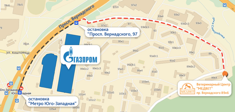 Схема проезда до ветцентра на проспекте Вернадского
